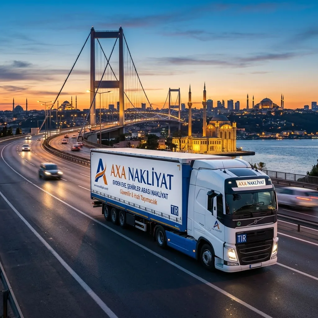 Axa Nakliyat tırı gün batımında İstanbul Boğaz Köprüsü'nden geçiyor